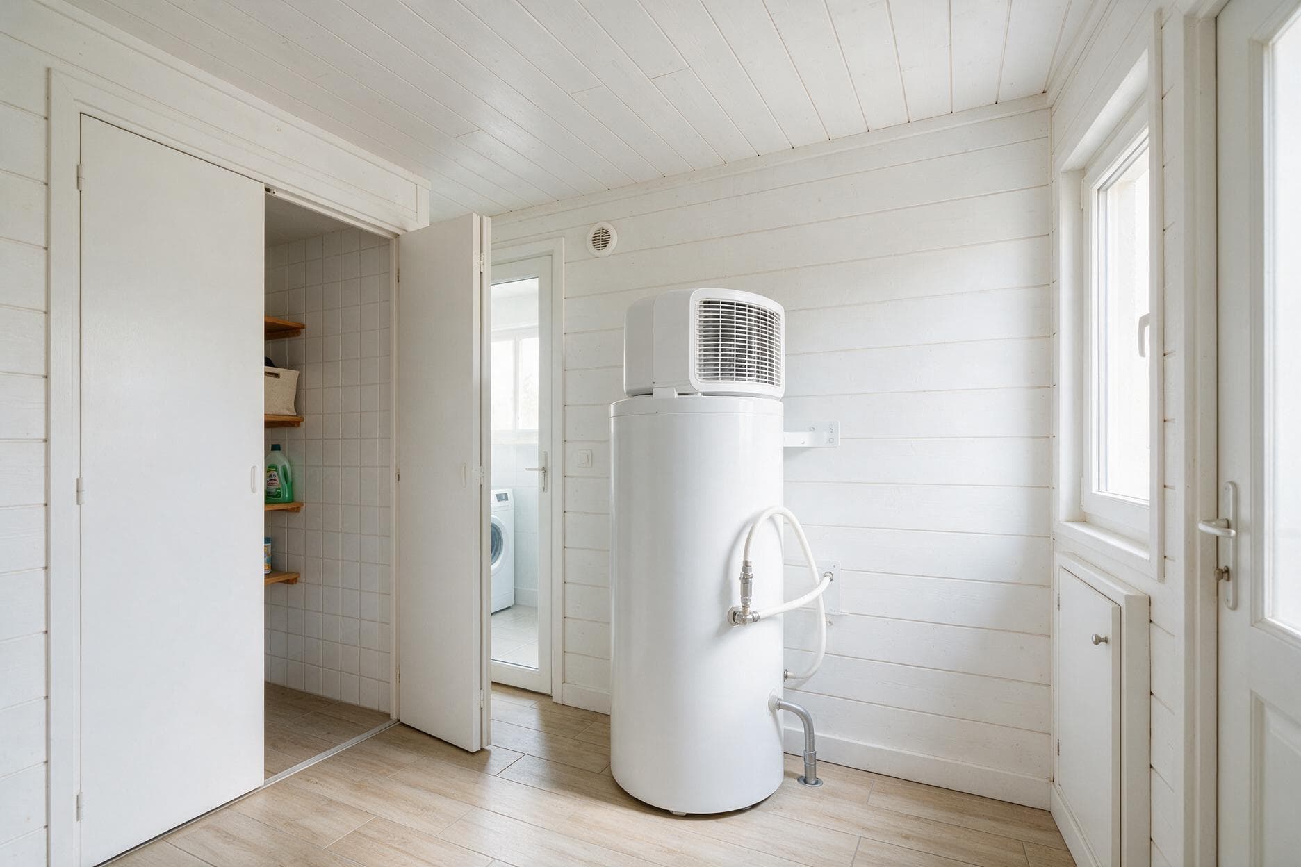 Chauffe-eau thermodynamique blanc installé dans un local technique