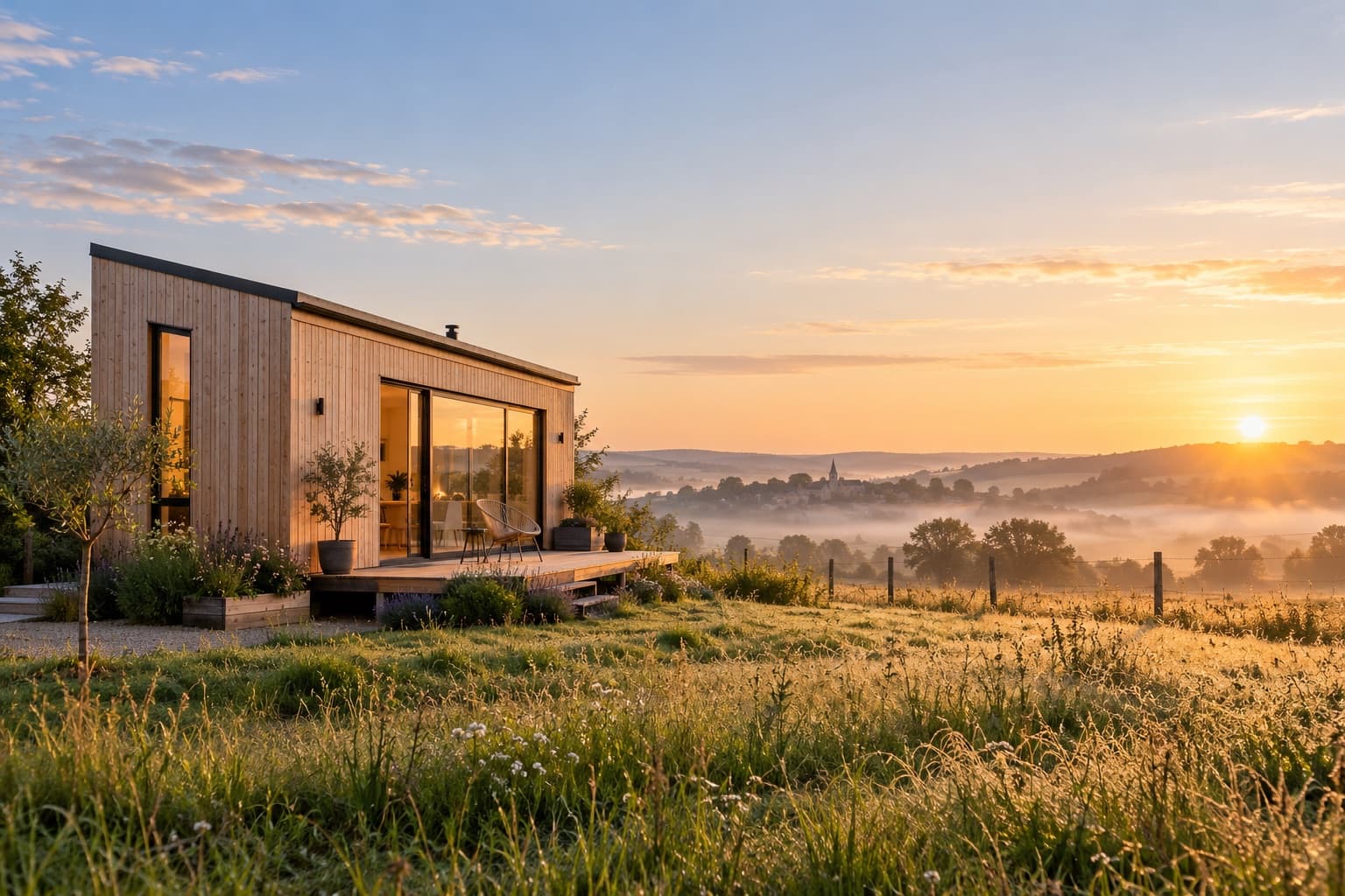 Maison Tiny en bois avec terrasse, au lever du soleil face à une vallée
