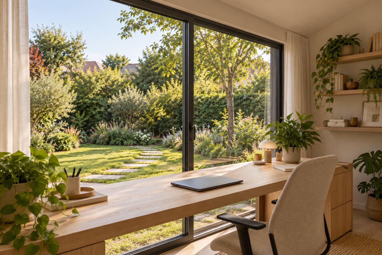 Bureau lumineux ouvert sur le jardin par une baie vitrée