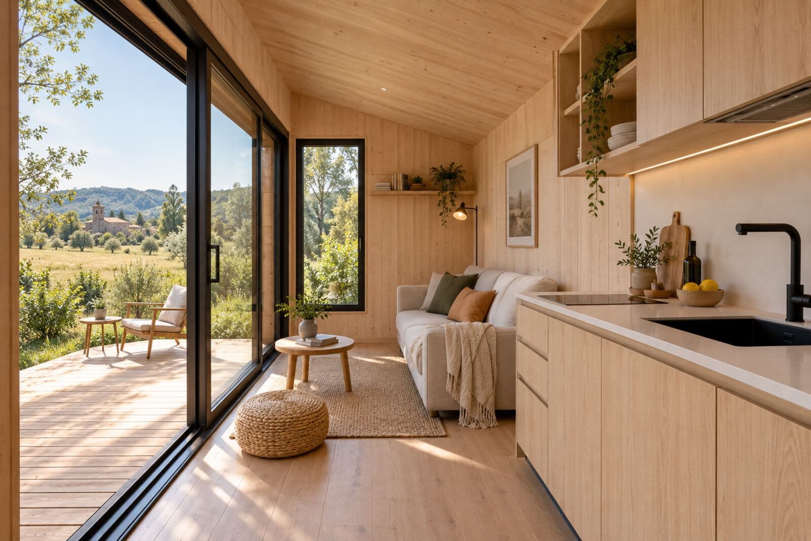 Intérieur en bois clair d'une maison Tiny avec cuisine, salon et baie vitrée sur la campagne