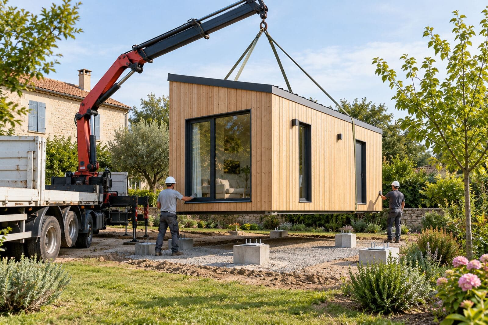 Livraison d'une maison Tiny en bois par grue dans un jardin