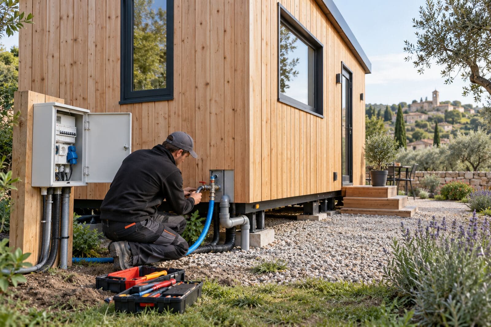 Technicien raccordant une maison Tiny en bois à l'eau et à l'électricité