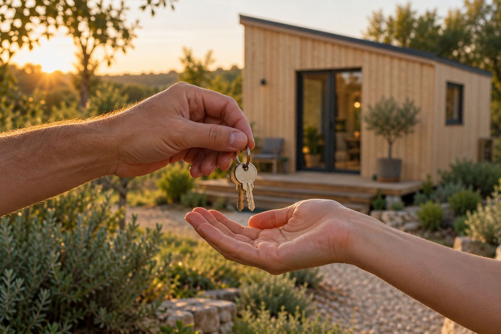 Remise des clés devant une maison Tiny en bois dans un jardin au lever du soleil
