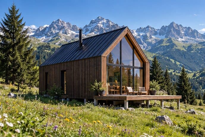 Chalet en bois sombre à grande baie vitrée posé sur un terrain en pente face aux montagnes