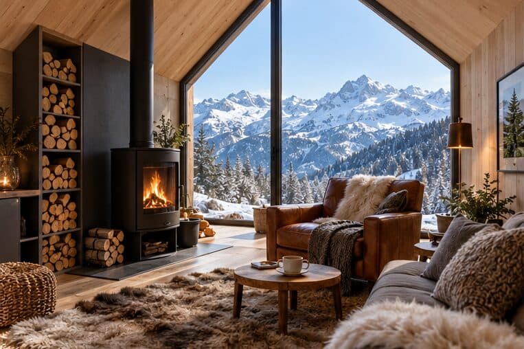Séjour en bois avec poêle et vue sur les montagnes