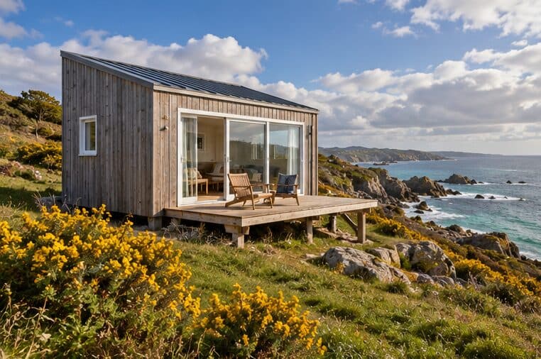 Maison Tiny en bois grisé avec grande baie vitrée et terrasse, sur une côte rocheuse face à la mer