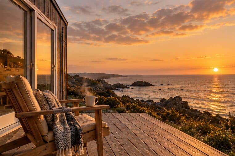 Terrasse en bois au coucher du soleil face à la mer