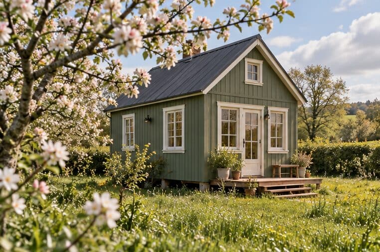 Petite maison verte à toit gris dans un verger de pommiers en fleurs