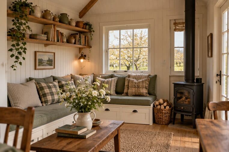 Salon d'une petite maison avec banquette et poêle à bois