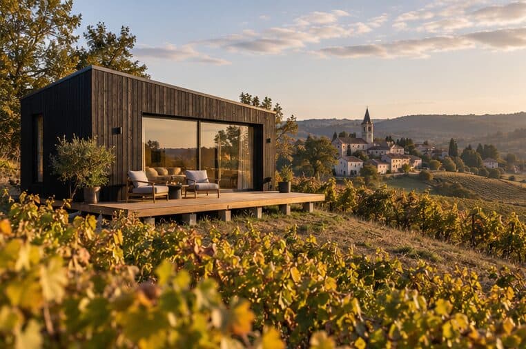 Maison Tiny noire à toit plat avec grande baie vitrée, posée sur un coteau de vignes face à un village
