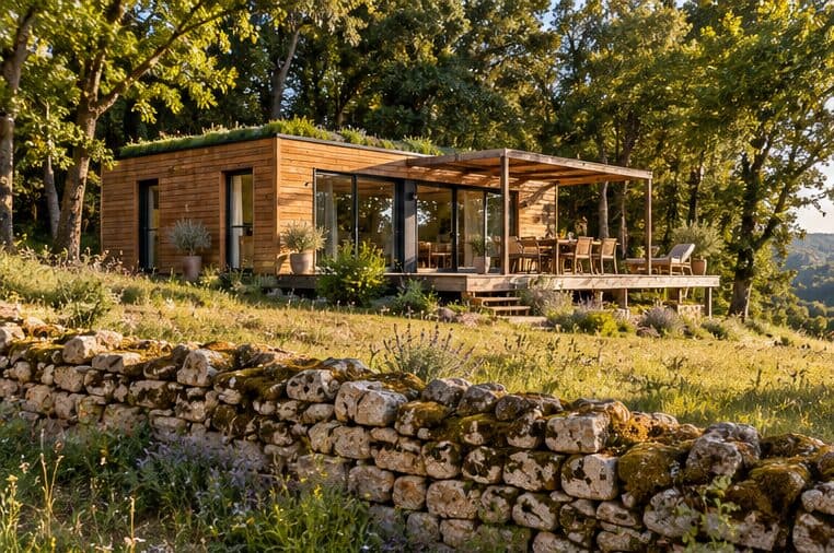Maison Tiny en bois à toit végétalisé et grande pergola, entourée d'arbres au-dessus d'un mur de pierres sèches