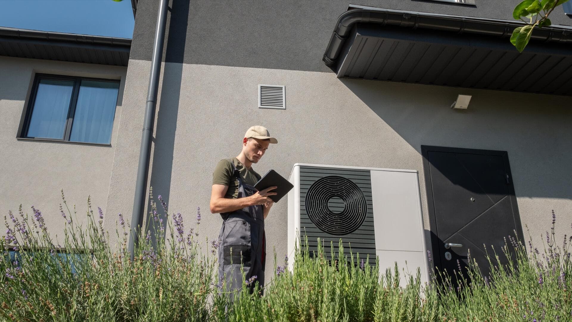 Technicien réglant une pompe à chaleur devant une maison individuelle