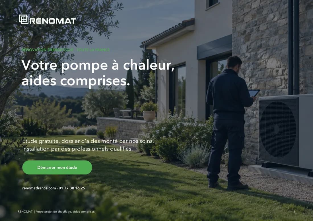 Couverture de la plaquette RENOMAT 2026 : un technicien avec sa tablette à côté d'une pompe à chaleur installée devant une maison, titre « Votre pompe à chaleur, aides comprises. ».
