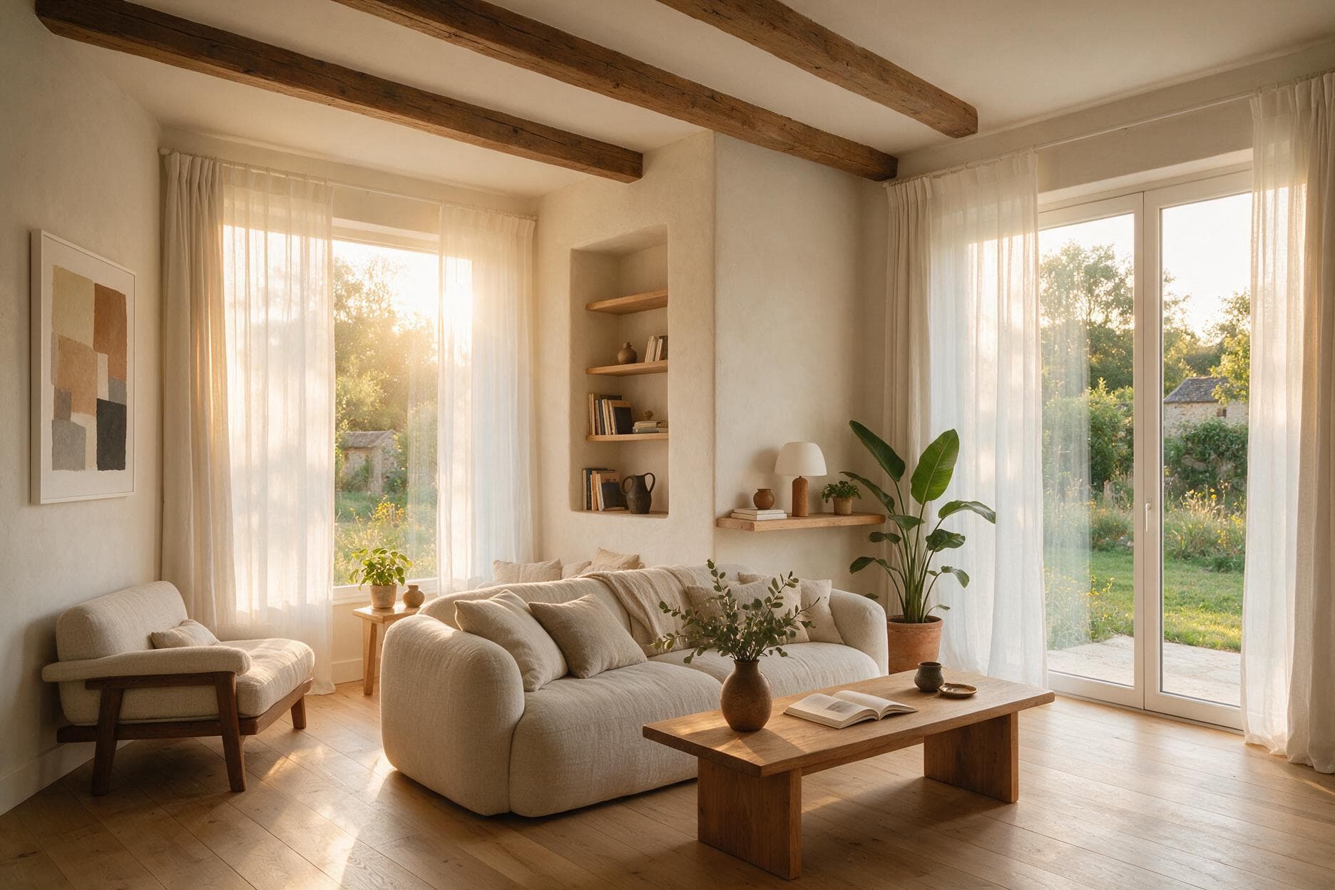 Salon lumineux et chaleureux d'une maison française après une rénovation énergétique globale
