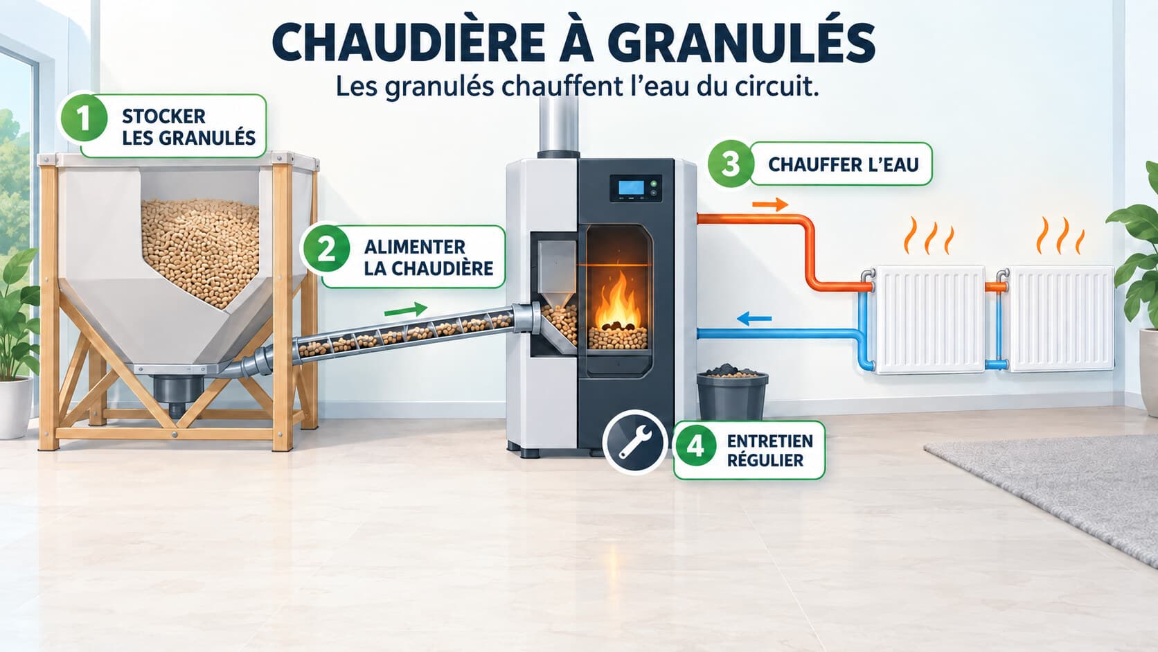 Schéma de fonctionnement d'une chaudière à granulés : silo de stockage, vis d'alimentation, chaudière et distribution de l'eau chaude vers les radiateurs