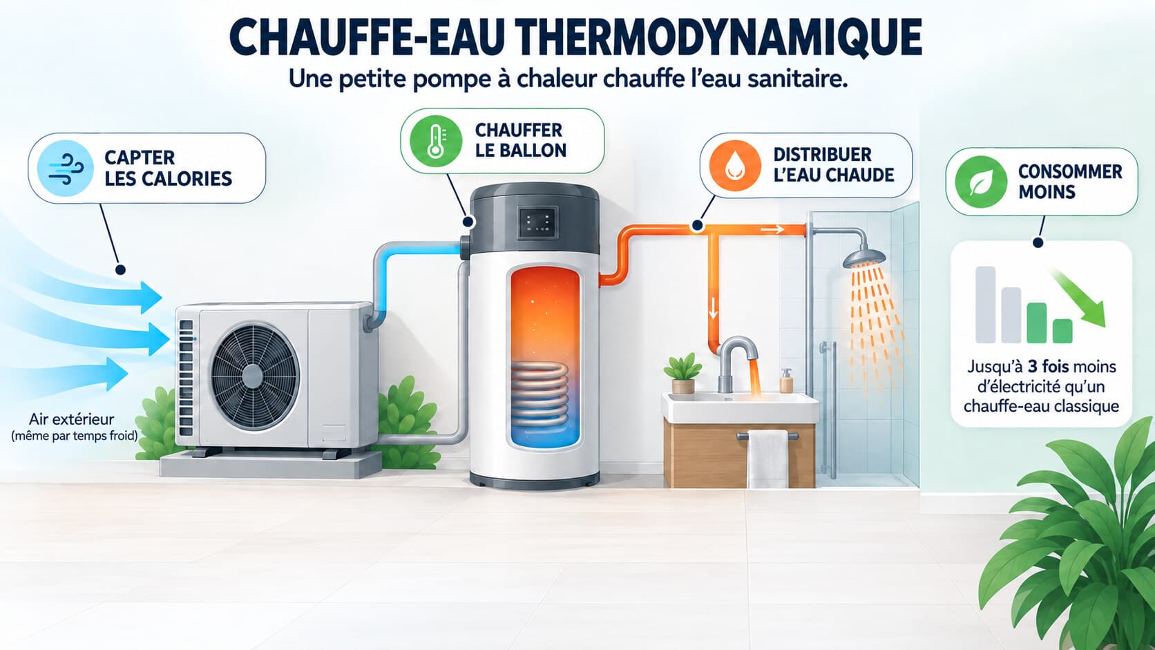 Schéma d'un chauffe-eau thermodynamique : une petite pompe à chaleur capte les calories de l'air pour chauffer le ballon d'eau chaude sanitaire