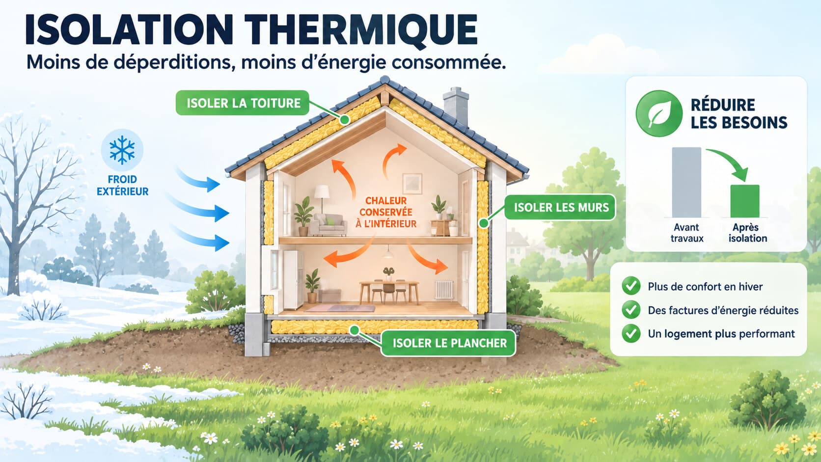 Schéma de l'isolation thermique d'une maison : toiture, murs et plancher isolés pour conserver la chaleur à l'intérieur