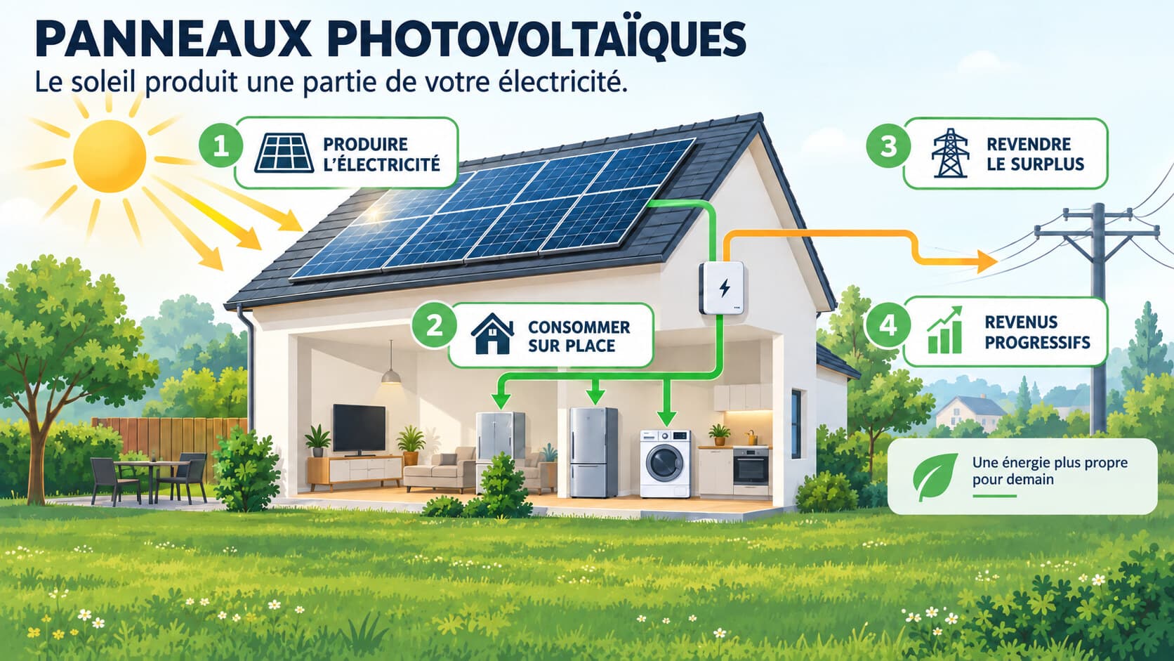 Schéma du fonctionnement de panneaux photovoltaïques : production d'électricité, autoconsommation dans le logement et revente du surplus