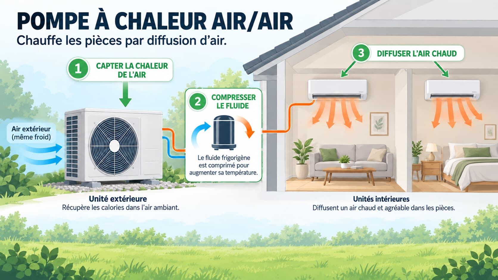 Schéma de fonctionnement d'une pompe à chaleur air/air : l'unité extérieure capte la chaleur de l'air, la comprime, puis les unités intérieures diffusent l'air chaud dans chaque pièce