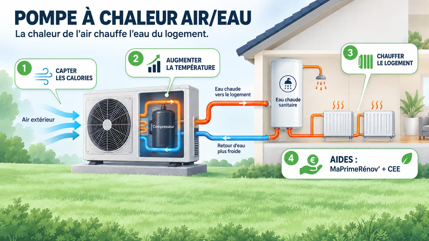 Schéma de fonctionnement d'une pompe à chaleur air/eau : l'unité extérieure capte les calories de l'air, chauffe l'eau du circuit et alimente les radiateurs et le ballon d'eau chaude