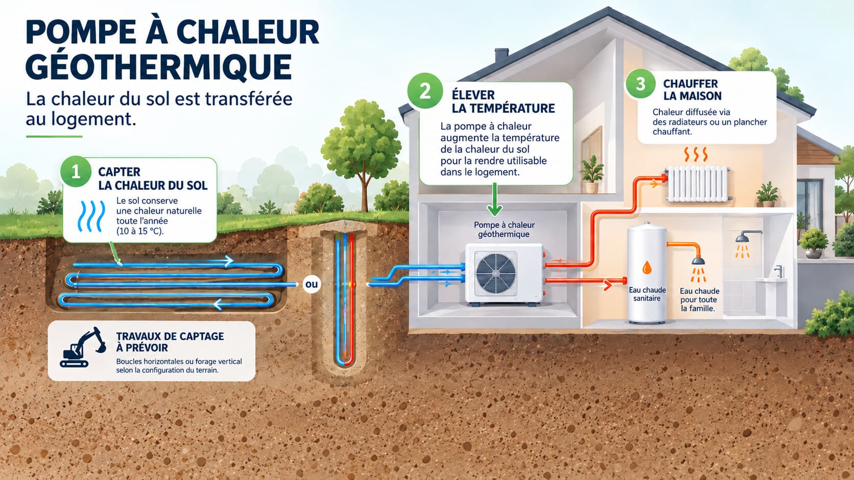 Schéma de fonctionnement d'une pompe à chaleur géothermique : des capteurs enterrés captent la chaleur du sol, la pompe à chaleur l'élève en température puis la diffuse dans toute la maison