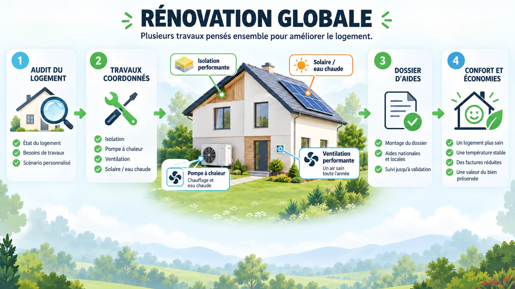 Schéma d'une rénovation énergétique globale : audit du logement, travaux coordonnés (isolation, pompe à chaleur, ventilation, solaire), dossier d'aides et gain de confort