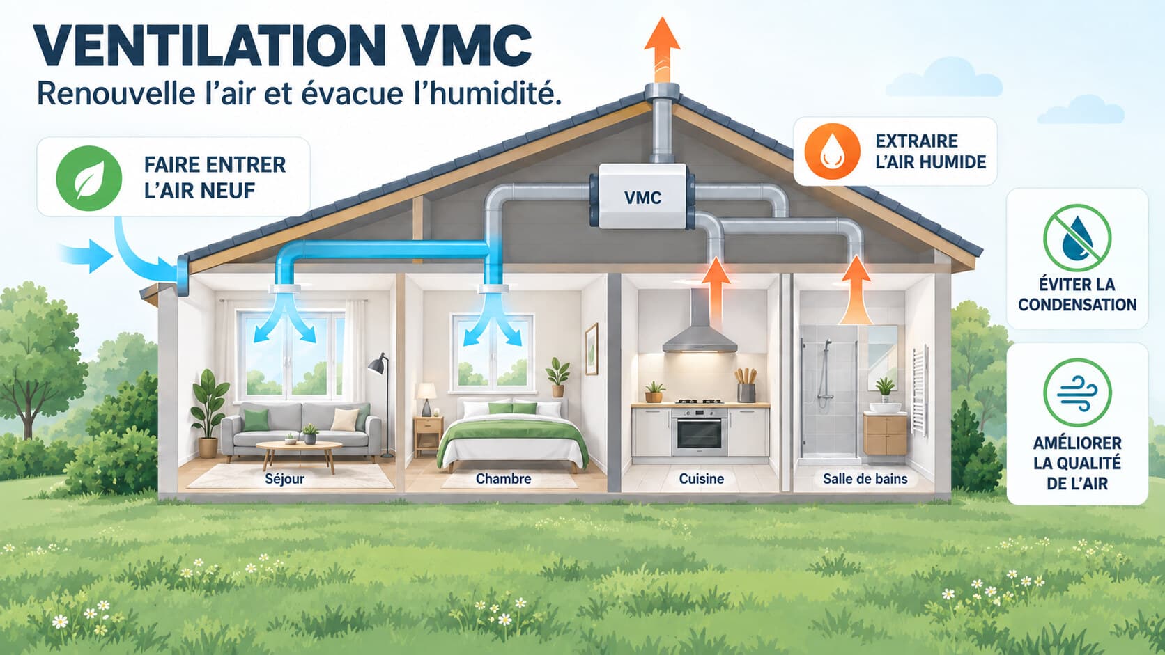 Schéma d'une VMC : entrée d'air neuf dans le séjour et la chambre, extraction de l'air humide en cuisine et salle de bains
